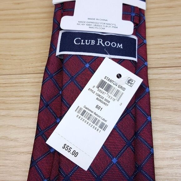 ALFANI Mens Neck Tie Burgundy Blue Diamond Grid Classic Pointed Maroon - Picture 3 of 6